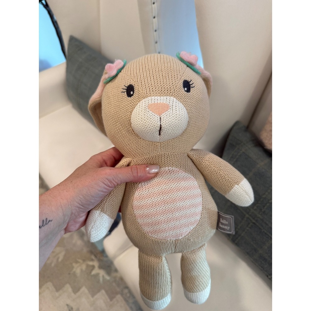 Cuddle + Kind Belle Bunny Knit Stuffed Animal Plush Tan Pink Floral Nursery Toy - Picture 3 of 5